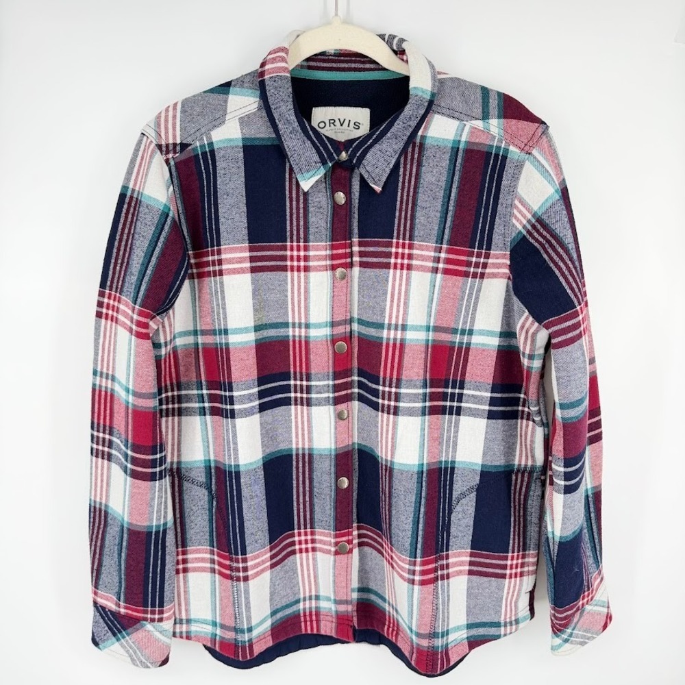 Orvis Plaid Shirt Jacket Women XL Navy Red Fleece Lined Snap Front Pockets Cabin